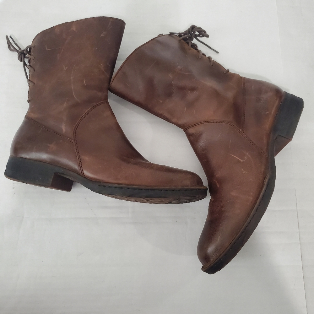 Born Womens Distressed Brown Leather Mid Calf Lace up Back Detail Size 11 Boots - Picture 7 of 13